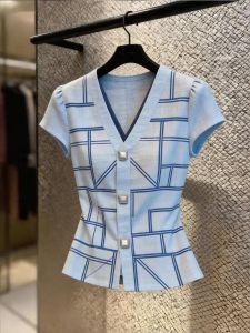 KUNAILIN | Slim Fitting Versatile V-Neck Blue Summer Blouse