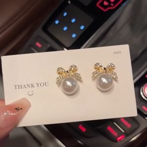 Anting-Anting Mutiara Gantung di Pita S925 Anti Karat Korea Style Fashion Aksesoris Wanita