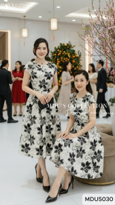 Váy thiết kế MDU5030 lụa cao cấp hoa đen trắng đính hoa thủ công dáng xòe thanh lịch Từ MDU