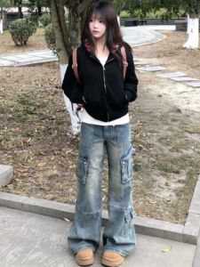 Quần Jeans Công Sở Ống Rộng Cạp Cao Quần Ống Thẳng Cho Nữ Nhiều Túi Quần Jeans Denim Retro Cao Cấp Thời Trang Mùa Xuân