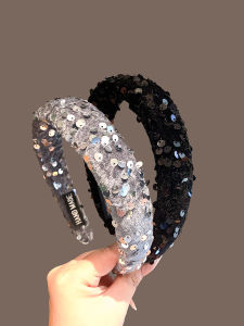 Fashionable Handmade Sequin Headband Elegant Heavy-Duty Hairband Sparkling Pressed Flower Card High Forehead Small Face Effect