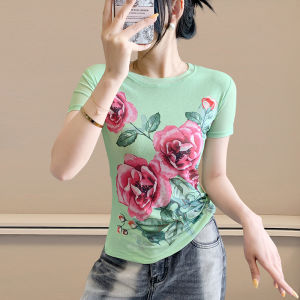 Yimei trang phục kích thước lớn Mùa Xuân/Mùa Hè cho mẹ áo thun định vị hoa in lưới thời trang cổ tròn tay ngắn ôm vừa áo phong cách và thanh lịch