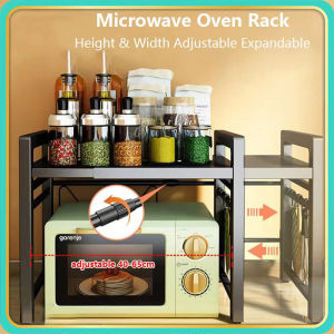 Stainless Steel Expandable Microwave Oven Stand Rack Retractable 2 Layers Multi-layer Punch-Free Kitchen Storage Rack Black Kitchen Racks Organizer with Adjustable 43-65cm