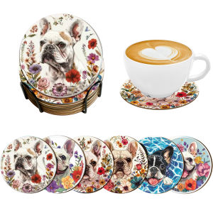 6-Piece set of round Coasters animal theme Patterns wooden Materials room Decoration family table Decoration holiday party