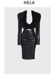 Bộ Thời Trang HeLa Cỡ Lớn Nữ Với Fur Cổ Áo Áo Khoác Và Mini Váy Mùa Thu Mùa Đông Tay Áo Dài Phong Cách Đi Làm Cao Vòng Eo