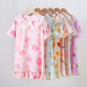 Cute Princess Style Cotton Blend Ruffle Collar Short Sleeve Home Dress for Girls Summer Comfortable Breathable Kids Clothing
