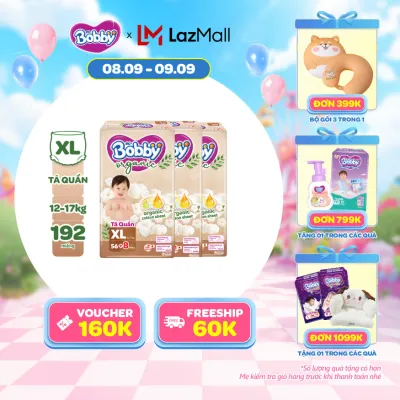 [20h 8-11.9 QUÀ TO][COMBO 3] [TẶNG KÈM 8 MIẾNG] Tã quần cao cấp Bobby Organic chăm sóc dịu nhẹ từ thiên nhiên XL56