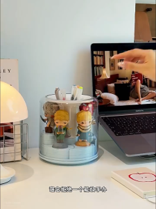 360° Rotating Pen Holder with Adjustable Figure Display Cute Desktop Organizer for Pens Makeup Brushes Blind Box Storage