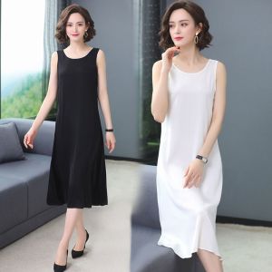 ชุดเดรสยาวปานกลางสีขาว กระโปรงแขนกุด กระโปรงทรงเอ แขนกุด คอตั้ง ทรงเข้ารูป ผ้าโพลีเอสเตอร์ 100% สำหรับผู้หญิง