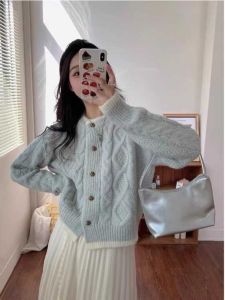 Blue Short Knitted Twisted Open Cardigan Womens Early Autumn Soft Thick Cashmere Lazy Style Sweater Jacket Korean Loose Fit