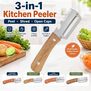 3 in 1 stainless steel peeler For Kitchen With Wooden Handle And Bottle Opener