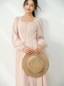 Spring Petite French Lace Long Sleeve Dress With Waist Cinch And Flared Sleeves