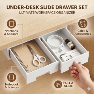 XMSJ | Self Adhesive Under Desk Drawer Organizer Hidden Storage Box Pull Out Pencil Tray Punch Free Holder Office Workspace Stationery