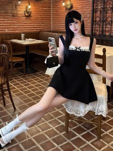 Black Lace Trim Halter Dress Diamond Embellished Bustier Strapless Birthday Dress Casual Wear A-Line Silhouette Zipper Closure