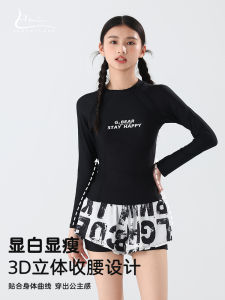 Haozhilang Childrens Swimwear Long Sleeve Womens Style with Chest Pad Sunscreen Quick Dry Swimming Suit for Teenage Girls