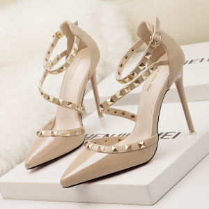IELGY Simple Stiletto High Heel Shallow Mouth Pointed Studs Hollow Heels