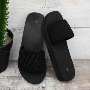 Womens Minimalist Black Knit Slide Sandals，Comfortable Flat Casual Slippers for Indoor Outdoor Beach Daily Wear
