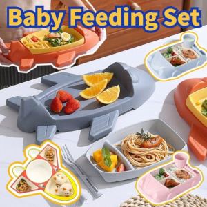 3 in 1 Baby Plate Set Baby Feeding Plate Set Tablewares Kids Cartoon Plane Car Separated Container