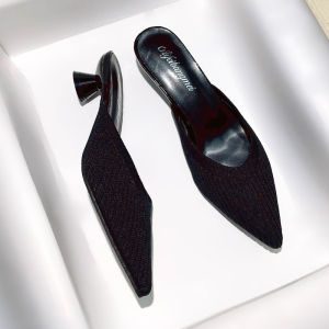 French Pointed Toe High Heels Womens Cat Heel Half Slip Knitted Slippers Trendy Outdoor Wear Sandals Comfortable Commute