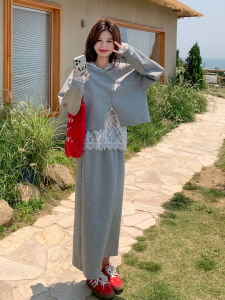 Gray Korean Style Lazy Suit Skirt Womens 2025 Autumn New Hoodie Lace Top Half Skirt Three Piece Set Fashionable Casual Outfit