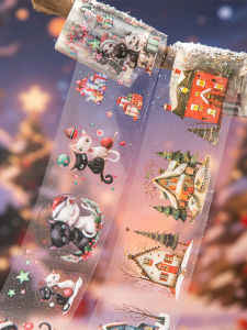 Festive Christmas Night Die-Cut PET Tape for Scrapbooking Scene Decoration Vintage Artistic Stickers of Christmas Lights in Forest