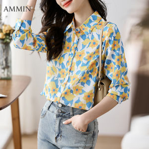 Ammin 2023 mùa thu mới đơn giản thời trang ve áo đầy màu sắc in hoa tay áo dài đi lại áo voan phụ nữ phong cách Hàn Quốc cổ điển Một hàng khuy tay áo raglăng Áo Blouse thanh lịch