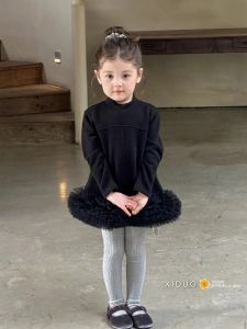 Princess Dress for Girls Fleece Lined Sweater Dress Autumn Winter Style Tulle Splice Cute Girls Dress Korean Style Dress