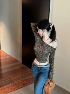 GUZILIAN | Retro American Hot Girl Leopard Print Slim Long Sleeve T-Shirt Women Early Autumn Oblique Collar One Shoulder Short Top Base Layer