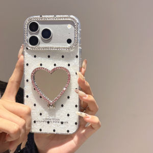 EOENKK | INS Polka Dot Heart Mirror Kickstand Phone Case For iPhone 11 12 13 14 15 16 17 Pro Max Plus Shockproof Makeup Girl Phone Cover