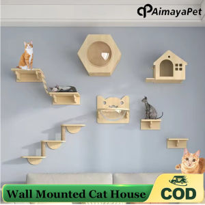 AIMAYAPET Wooden Cat House Climbing Shelf Wall Mounted Kitten Villa Floating Shelves for Sleeping and Resting Pet Wall
