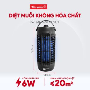 Đèn bắt muỗi Điện Quang ĐQ EML08 BL - Diệt muỗi và côn trùng tự động theo 360 độ công suất 6W phạm vi hoạt động dưới 20m2