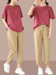 plus Size Womens Cotton Striped Short Sleeve T-Shirt And Loose Pants Two-Piece Set Summer 2023 Fashion Casual Sportswear