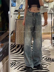 American High Street Redesigned Glittering Splicing Jeans Women Slim Shiny Rhinestone Floor-Length Pants Neutral Style Vintage Look High Waist Denim Fabric Zipper Closure All-Season Adult Casual Loose Fit Pure Color