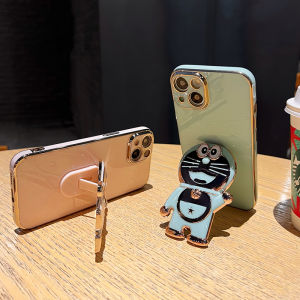 Casing Ponsel untuk iPhone 15 Pro Max 15 Plus Case ponsel pelapisan softcase pola Doraemon berkilau HP bungkus penuh casing silikon penutup kesing pelindung pas Phone Stands