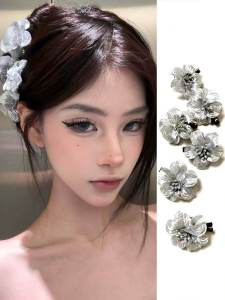 เครื่องประดับผมดอกไม้เงินสุดหรูหรา คลิปผมสไตล์เกาหลี หมุดผมแบบมีด้านข้าง หมุดผมทรงกลม เครื่องประดับผมสำหรับผู้หญิง