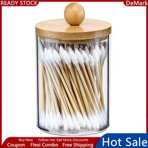 4 Pack Qtip Holder 10-Ounce Bathroom Organizer with Clear Plastic Apothecary Jars and Bamboo Lids (For Cotton Ball, Cotton Swab, Floss)