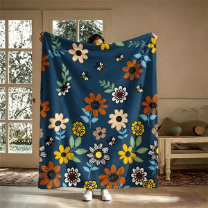 Navy Floral Bees Flannel Blanket Soft Warm Christmas Halloween Blanket for Lightweight Cozy Room Home Decor Gifts