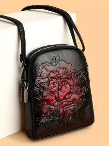Genuine Leather Vertical Small Bag Female 2024 New Arrival Elegant Leather Carving Mobile Phone Bag Middle-Aged Mom Wallet Shoulder Crossbody