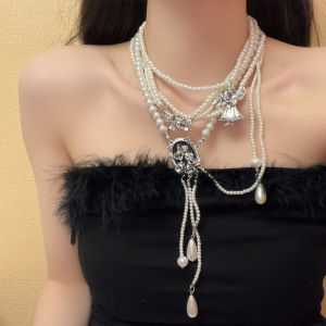 Angel Queen Retro Multi-Layer Stacked Pearl Tassel Necklace for Women Sweet Cool Accessible Luxury Sweater Chain Special-Interest Design Necklace