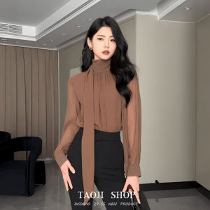 French Elegant Long Sleeve Shirt Womens Spring Summer New Design Sash Half High Collar Loose Fit Commute Style Pure Color