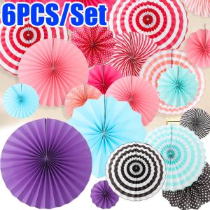 6PCS Colorful Wedding Paper Fan Set 8/11/16" Pasteable Hanging Wallpaper Fan Foldable Honeycomb Round Wedding Party Home Decor Paper Crafts