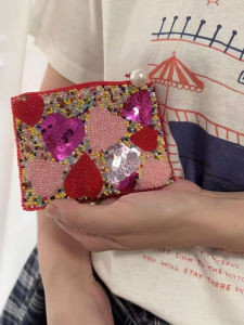 New Personalized Bead Embroidery Quince Pearl Heart Shaped Ladies Wallet Sweet Card Holder Small Handbag for Students