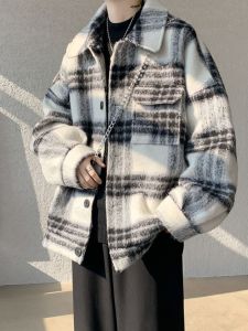 Baroque Style Mens Short Coat Black White Plaid Cashmere Jacket Spring Autumn Casual Fashion High Quality Windbreaker