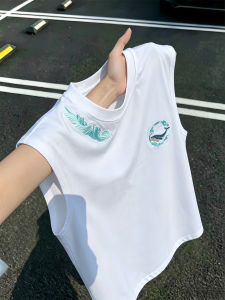 LIUBU | White Embroidered Small Collar Sleeveless T Shirt For Men Summer Heavyweight Cotton