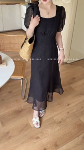 French Hepburn Style Retro Polka Dot Chiffon Dress Womens Square Collar Slimming Summer New Arrival A-Line Midi Dress