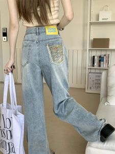 High Waist Straight Leg Jeans Retro Washed Pocket Embroidery Large Size Spring Fashion Design Elegant Long Pants Womens Denim