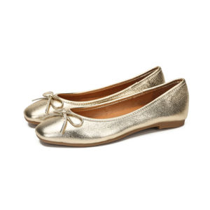 Spring Summer New Soft Cowhide Gold Silver Square Head Slip-On Flat Bottom Ballet Flats Real Leather Womens Shoes Butterfly Knot