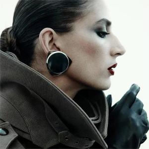 Fashionable Grey Mirror Surface Button Style Earrings Geometric Triangle Ring Autumn 2024 Trendy Showcased Jewelry Accessories