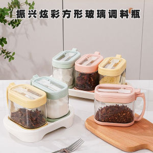 Food Grade Glass Square Shaped Seasoning Bottle Set with Flip Cover Chili Salt Seasoning Condiment Jar with Spoon Combination