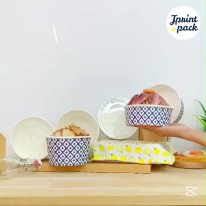 ถ้วยกระดาษ ถ้วยทรงกลม ลายคราม สำหรับใส่อาหาร พร้อมฝาปิด (แพ็กละ25ใบ)